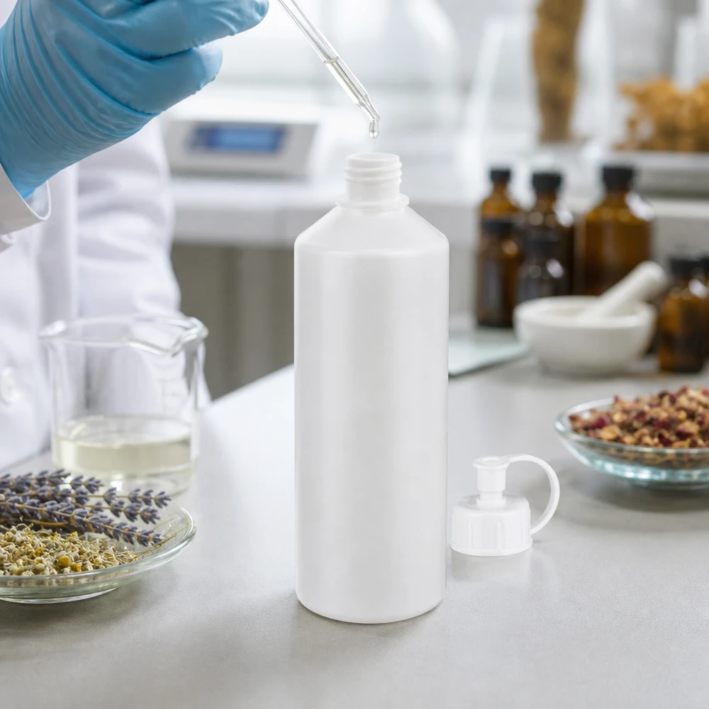 PET cilinderfles 100ml wit met sproeisluiting wit Farmaceutische afvulling van etherische oliën in witte HDPE-flesjes van 100 ml met beschermende handschoenen