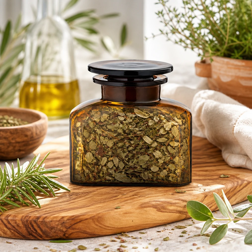 Idee voor een glazen kruidenpotje: Vierkante apothekersfles 150 ml met wijde hals bruin glas incl. glazen stop Compact kruidenpotje van bruin glas, 150 ml, met brede hals en zwarte glazen dop, voor kruiden