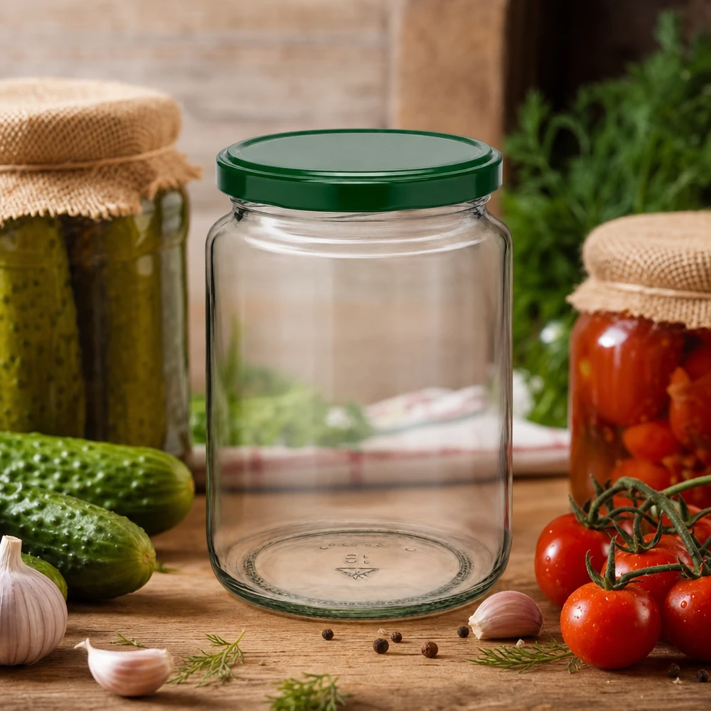 795ml UNiTWIST inmaakpot met groen deksel tussen verse groenten en gevulde inmaakpotten op een houten tafel