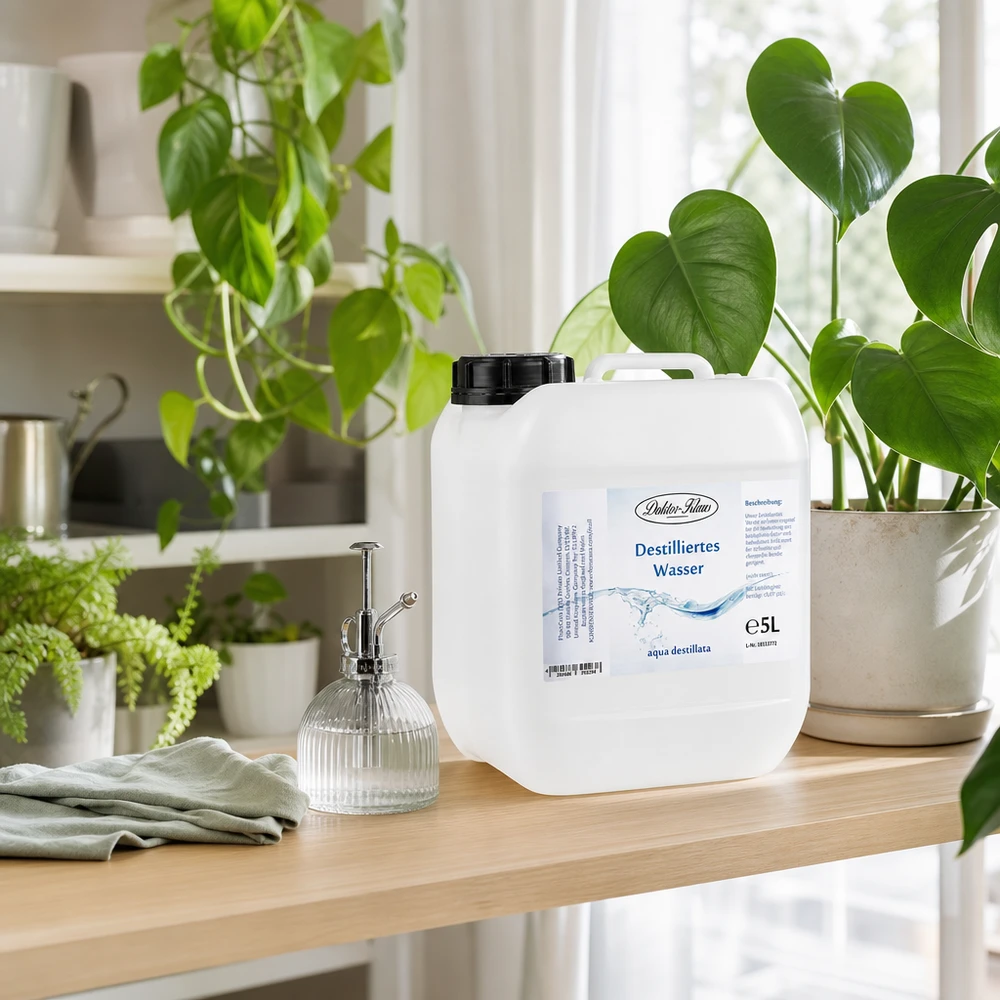 5 liter gedestilleerd water - Aqua dest in blanke premium jerrycan van Doktor Klaus 5 liter gedestilleerd water van Doktor-Klaus in een praktische bus op een houten plank tussen groene kamerplanten
