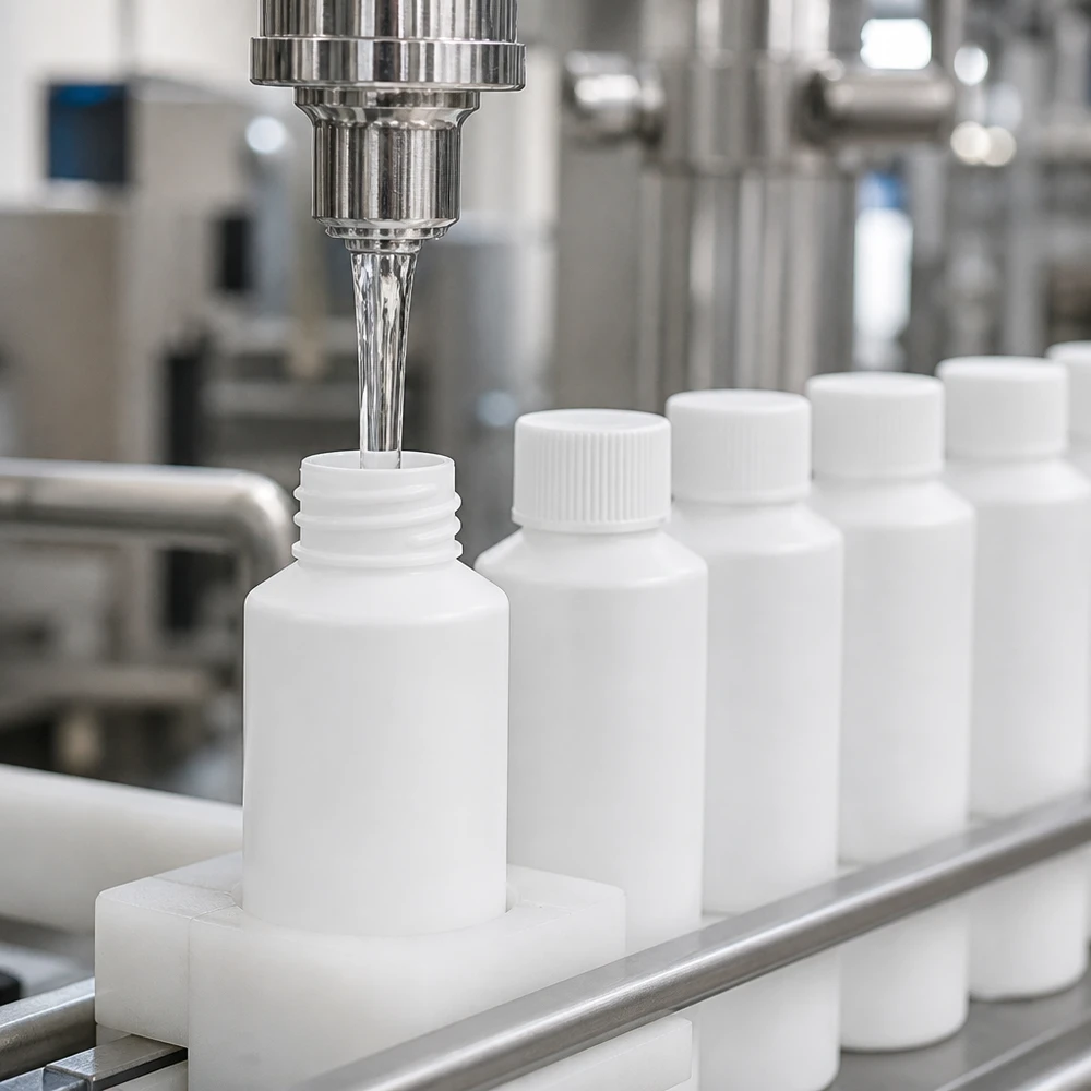 PET cilinderfles 50ml wit met schroefsluiting wit Kwaliteitscontrole van witte HDPE-apotheekflesjes van 50 ml met veiligheidsdop in de cleanroom