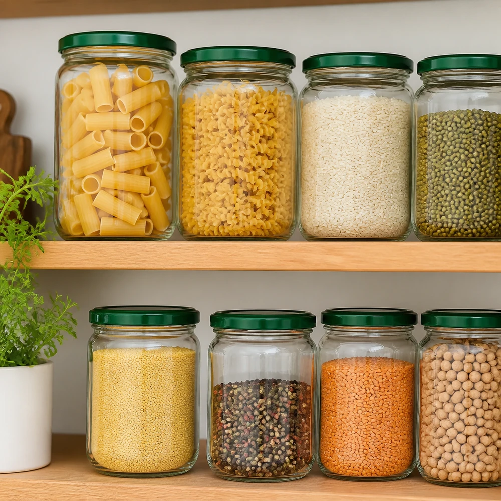 555 ml rond glas + BasicSeal-deksel groen UNiTWIST Duurzaam bewaren met UNiTWIST-glazen potten van 555 ml en groene BasicSeal-deksels in de keukenkast