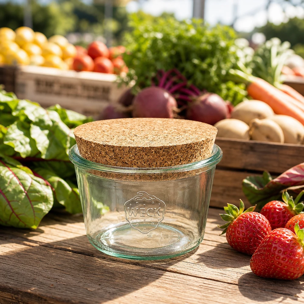 WECK RR100 bekers 370ml met kurken deksel op een houten tafel tussen aardbeien en verse groenten van de markt