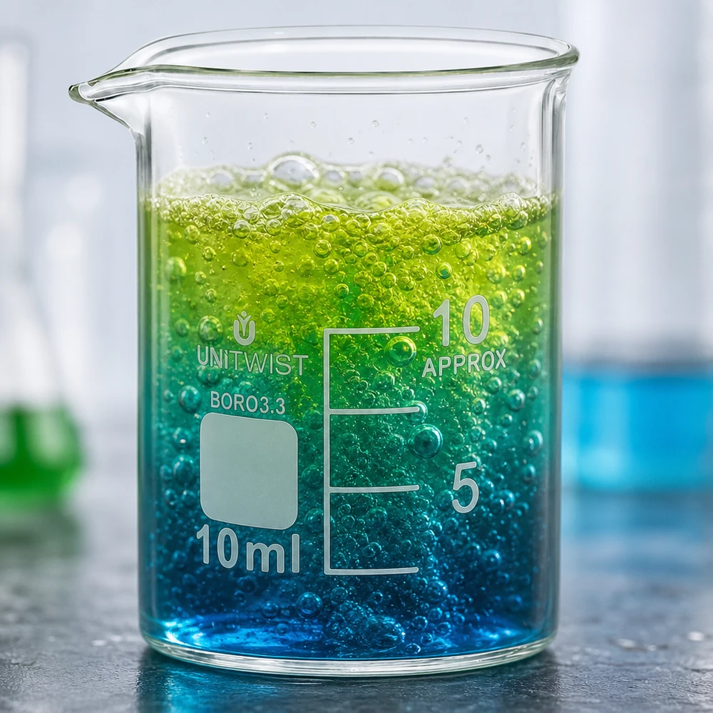 Doorzichtig laboratoriumglas van 10 ml met een lage vorm en een blauwgroene, schuimende inhoud in een laboratoriumomgeving