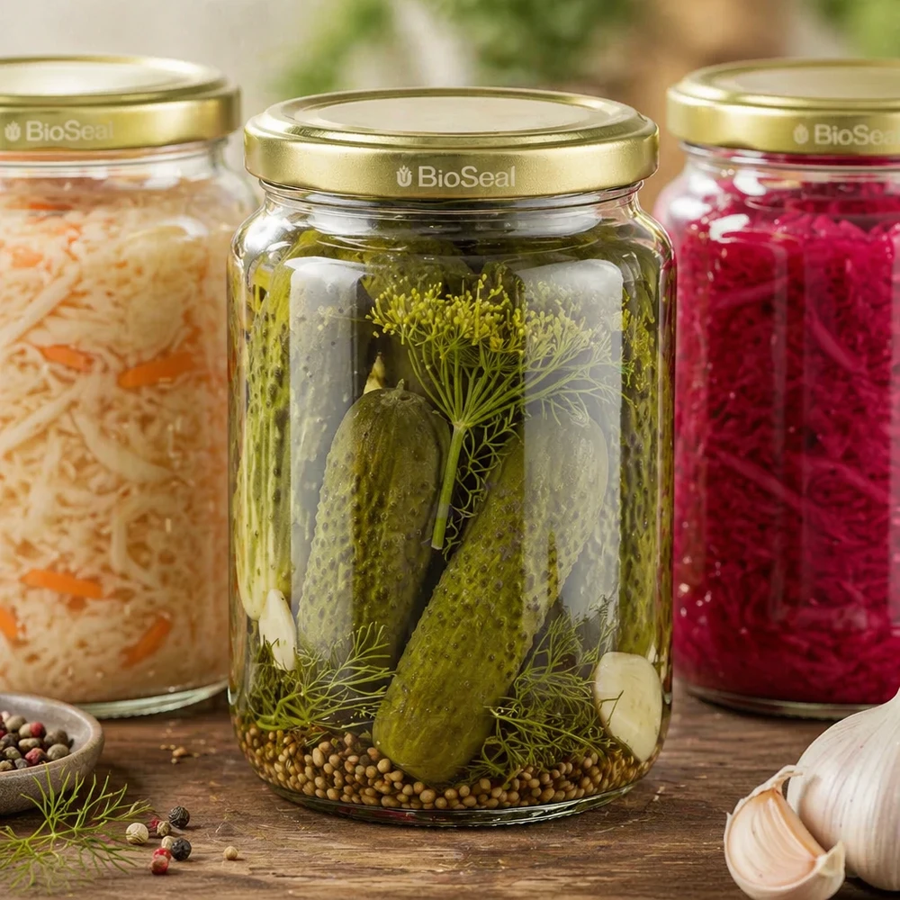1000g BioSeal honingpotten set met ingemaakte augurken zuurkool en jam toont een verscheidenheid aan conserveringstoepassingen