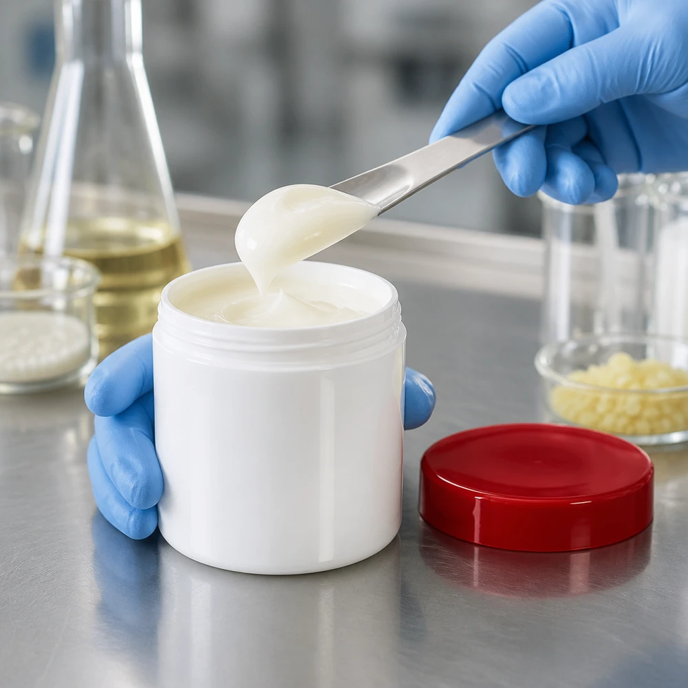 Zalfpot 10 g wit met rood schroefdeksel (PP) Crèmevulling in een wit PP-potje van 10 g met een rode deksel naast laboratoriumglaswerk