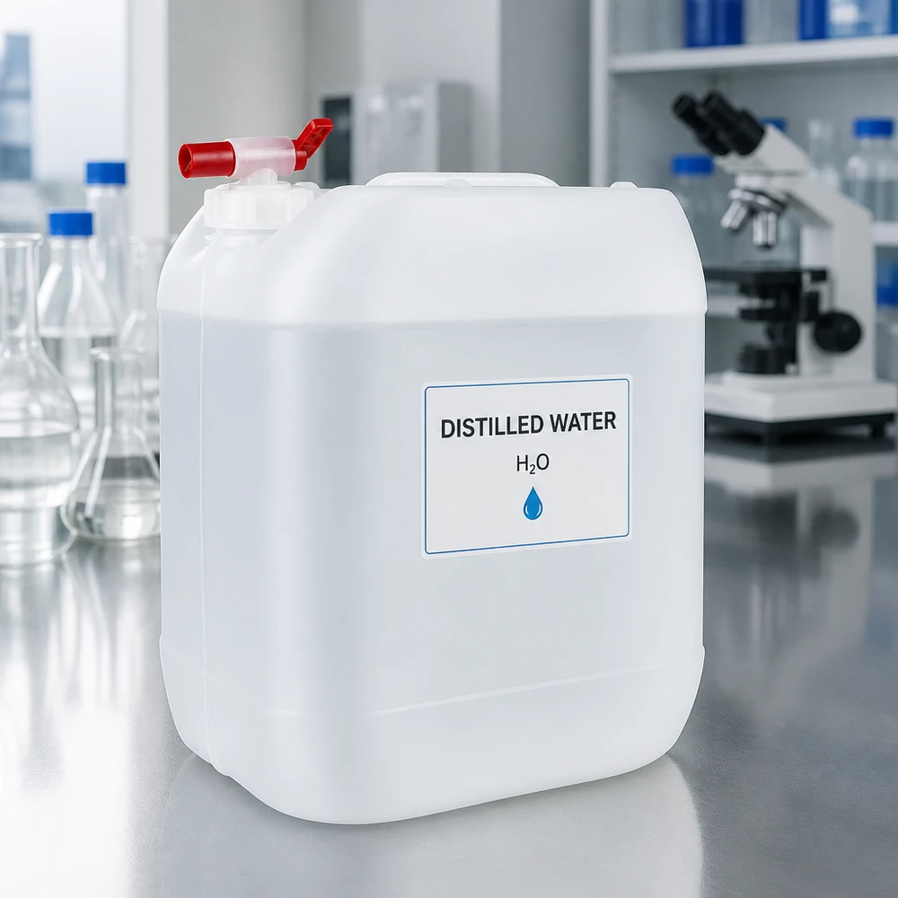 Jerrycan van 20 liter met etiket voor beschrifting: gedestilleerd water voor laboratoriumgebruik
