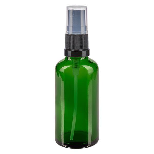 Groenen glazen flessen 50ml met zwart pompverstuiver Groenen glazen flessen 50ml met zwart pompverstuiver