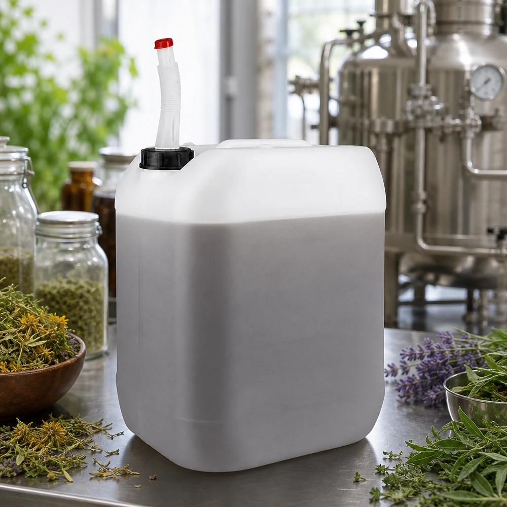 Stapelbare HDPE-jerrycan van 20 liter met flexibele uitloopbuis en rode dop voor vloeistoffen