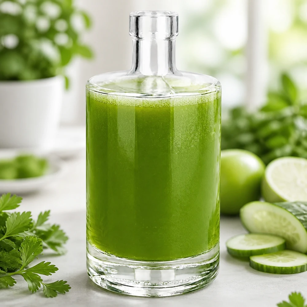 500 ml glazen fles Marie zonder sluiting UNiTWIST® 500ml glazen fles Marie gevuld met groene smoothie omringd door komkommer en kruiden voor gezonde drankinspiratie