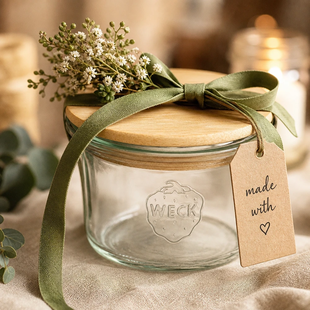 WECK-mini stortglas 35ml met hout deksel WECK mini mason jar 35ml met houten deksel als cadeau-idee met groen lint bloemen en Made with Love tag
