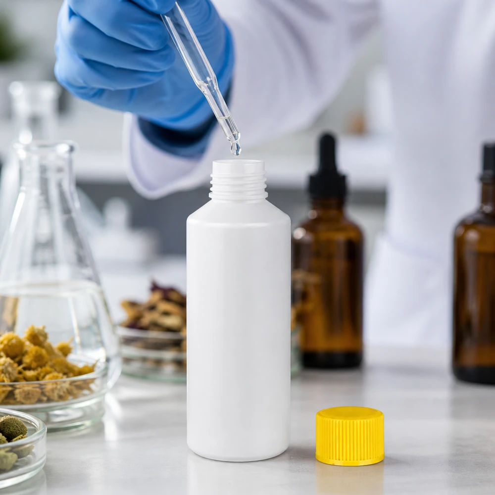 Voedselveilige HDPE-apothekersfles van 100 ml, wit, met kindveilige gele dop