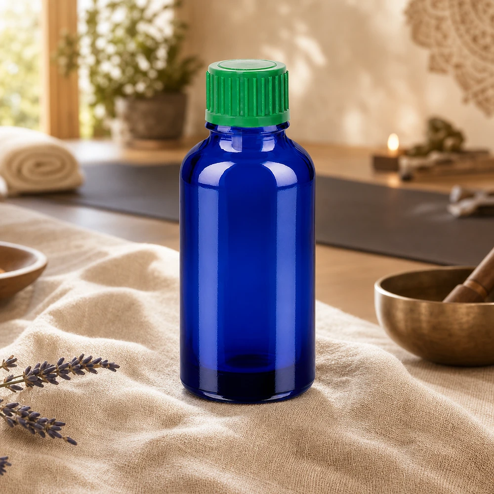 Ergonomisch glazen flesje van 30 ml met anti-slip groene dop voor eenvoudig gebruik