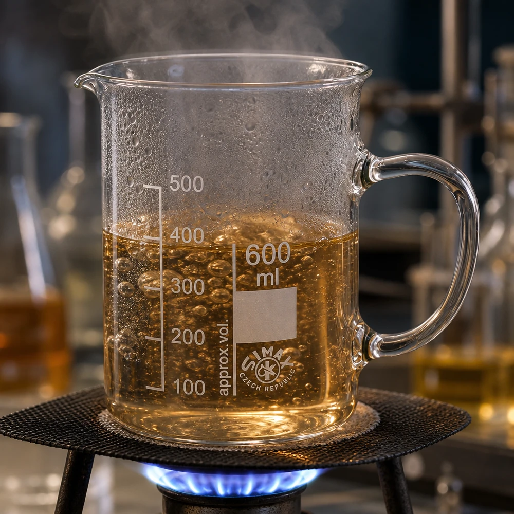 SIMAX-bekerglas van 600 ml met handvat uit Tsjechië op een bunsenbrander met een kokende oplossing