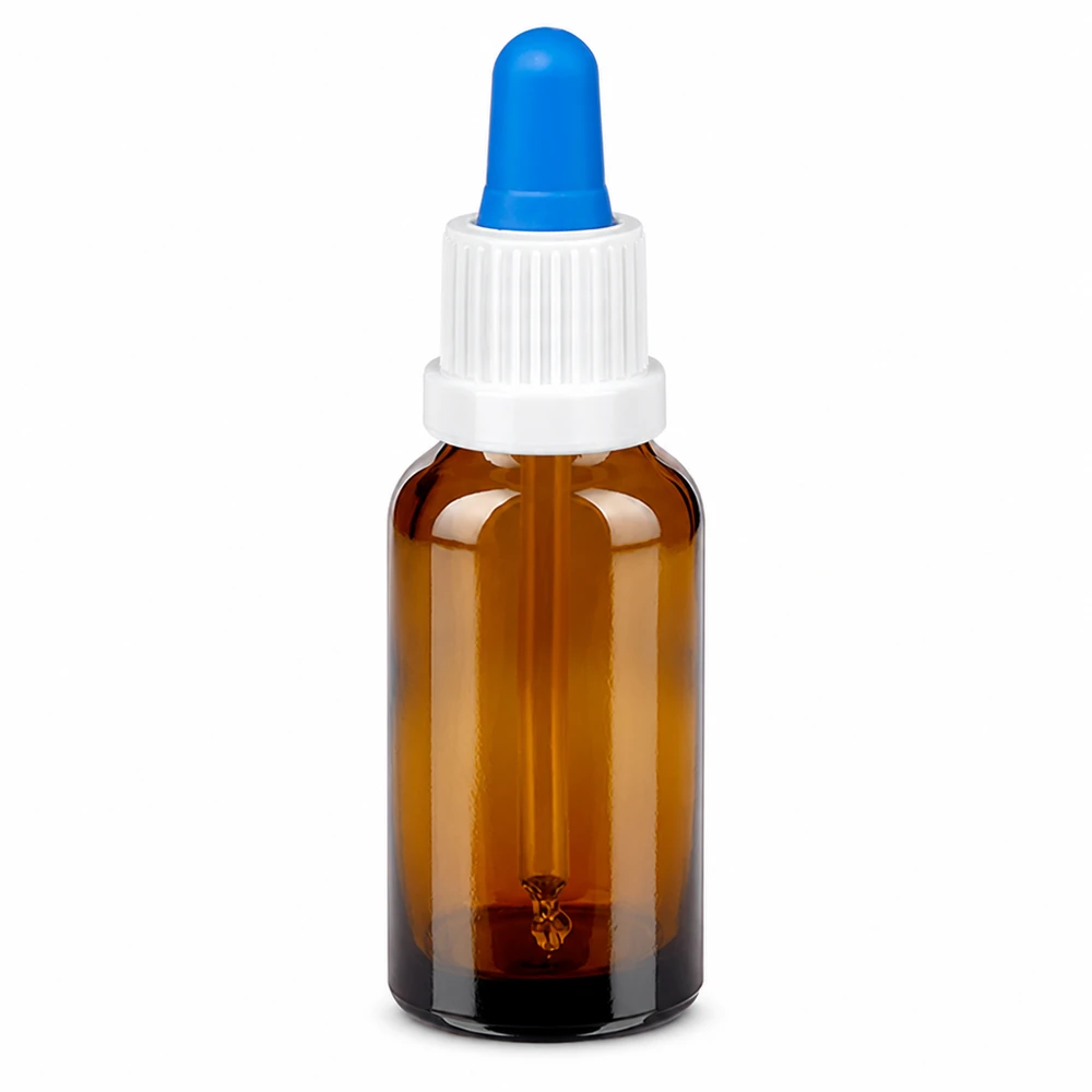 20ml pipetfles wit/blauw OV BrownLine UT18/20 20ml amberkleurig glazen apothekersflesje met witte dop en blauwe druppeldop UT18/20