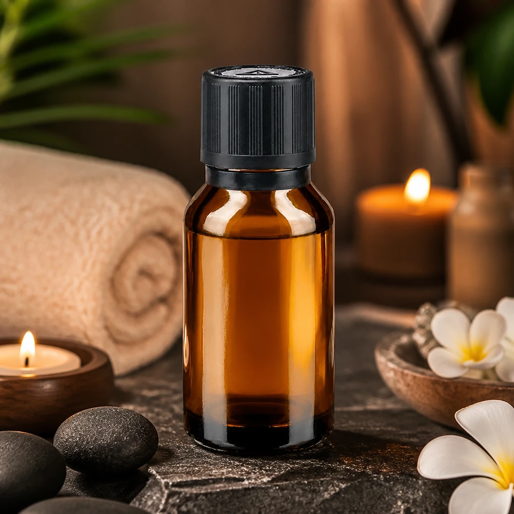 Bruine glazen fles 15ml met zwart druppelsluiting 1mm kinderslot Bliw. VR Aromatherapie-flesje van 15 ml van bruin glas met een druppeldop van 1 mm op een ondergrond van natuursteen