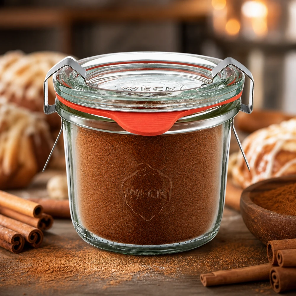 WECK-potje van 80 ml, gevuld met fijn kaneelpoeder, om kruiden in de keuken in te bewaren