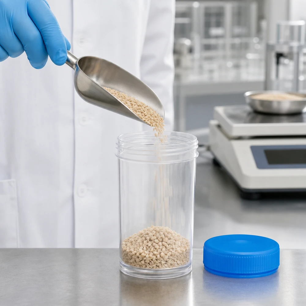 Analyseweegschaal en breedhalsfles van 50 ml voor het nemen van monsters van korrelig materiaal in het laboratorium