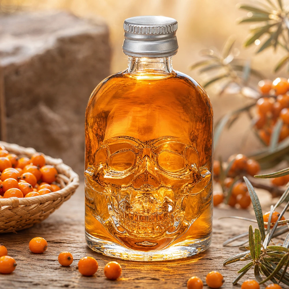50 ml glazen fles Hector en schroefdop zilver UNiTWIST® 50 ml glazen fles Hector gevuld met duindoornlikeur tussen sinaasappelbessen en decoratieve elementen in een warme sfeer