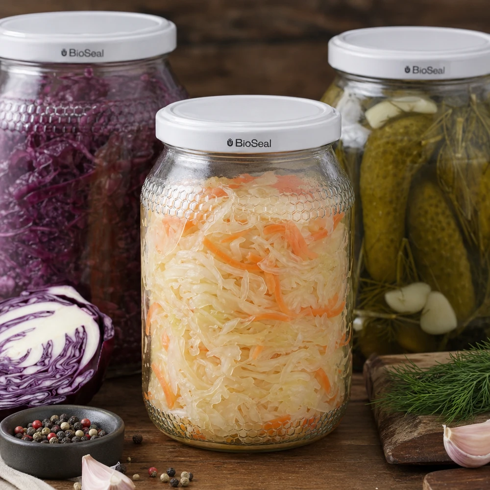 Honingpot 1260 g met witte BioSeal UNiTWIST-deksel 900 ml honingpot met BioSeal deksel gevuld met gefermenteerde zuurkool, ingemaakte rode kool en kruiden