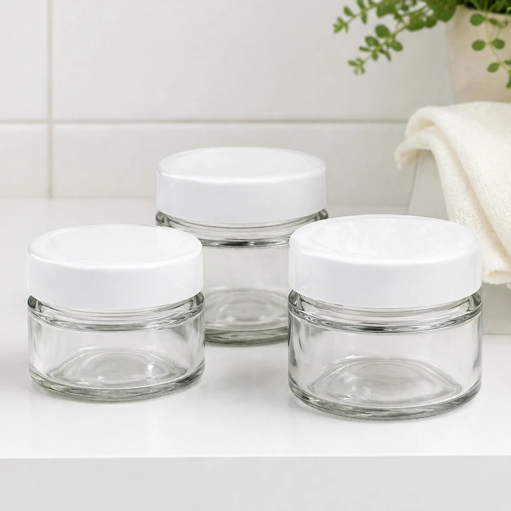 80ml ronde potten set met BasicSeal deksel in de badkamer - elegante glazen potten voor cosmetica en badkamerbenodigdheden