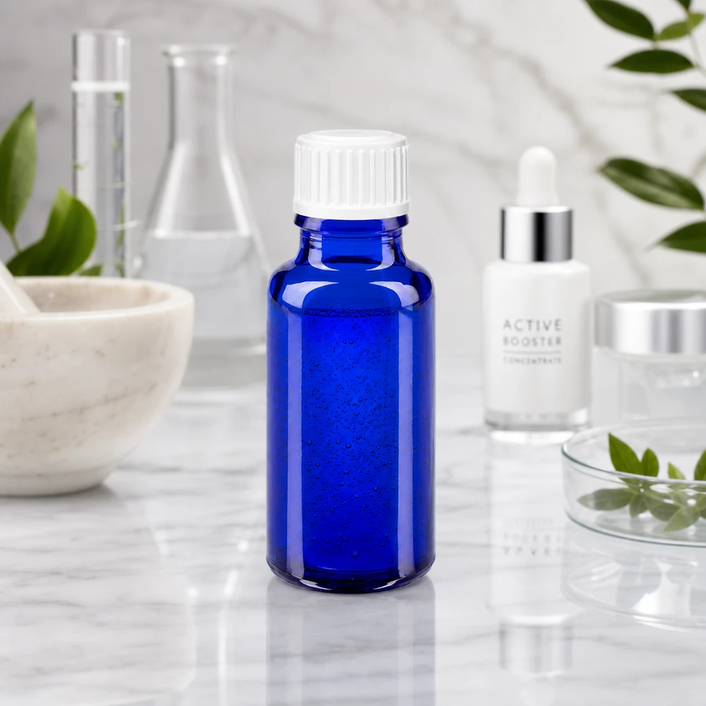 Blauwe fles van 20 ml van Apoglas op een marmeren oppervlak naast een laboratoriumkolf en een serumdruppelaar