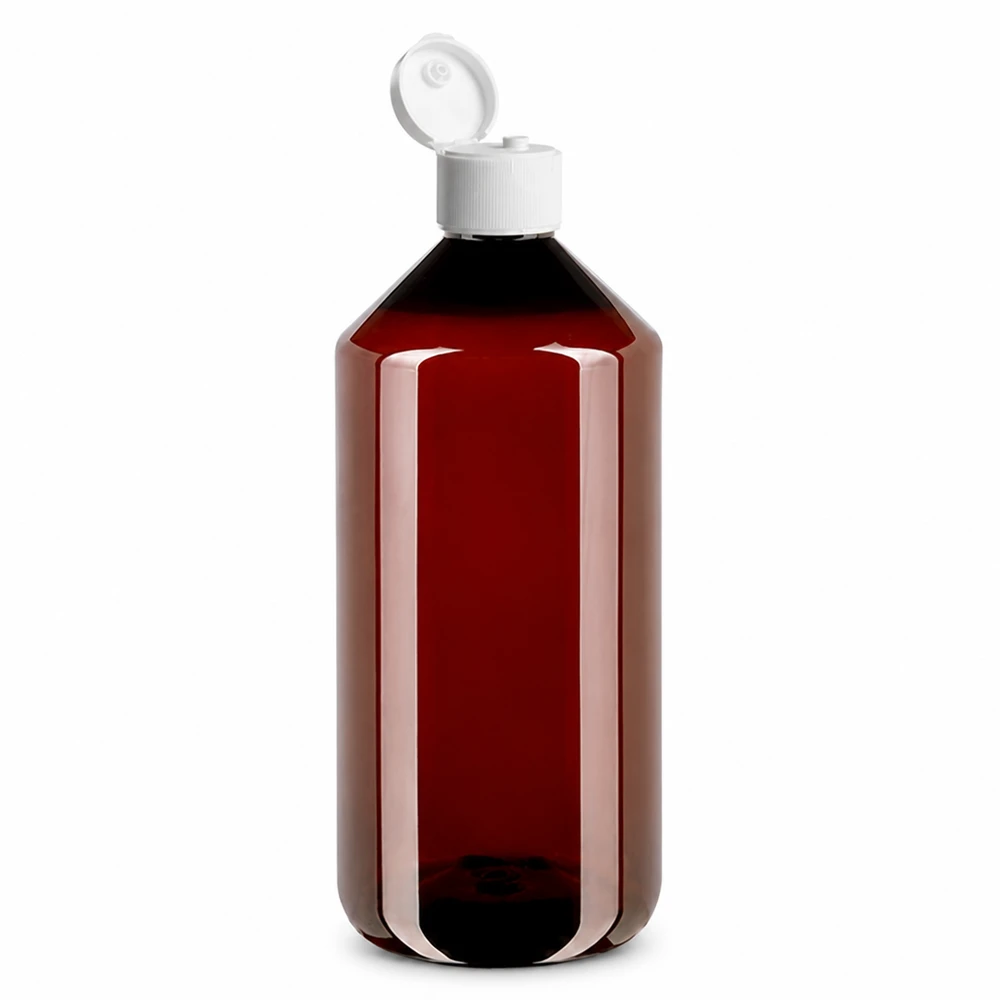 Grote bruine PET-fles van 1 liter met een hersluitbaar wit klapdeksel en een slanke vorm