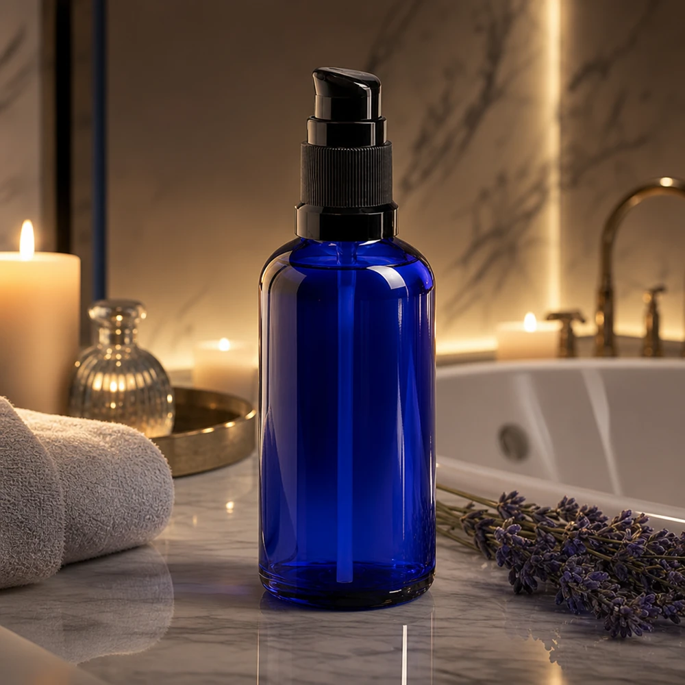 Blauwe glazen flessen 50ml met zwart pompsluiting Slanke blauwe glazen fles van 50 ml met zwarte pomp voor cosmeticaproducten