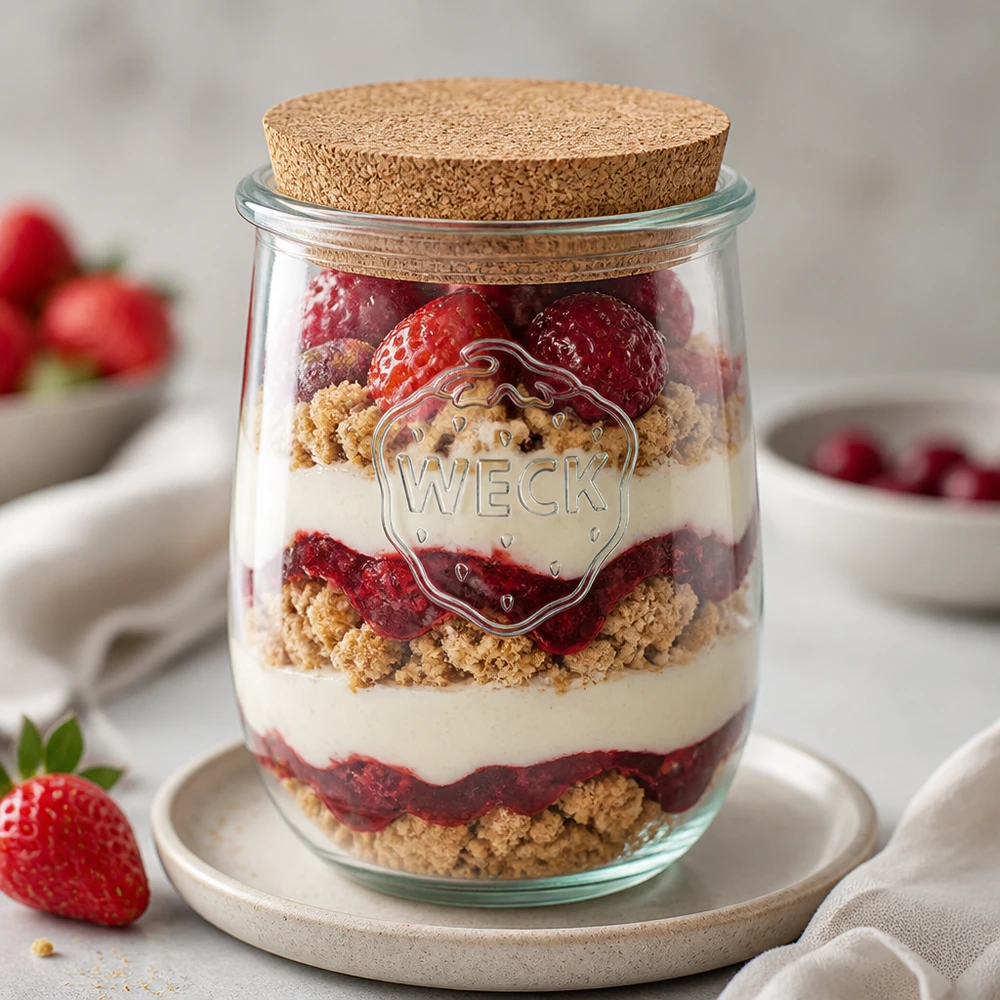 1062ml tulpenglas WECK RR100 met kurk WECK tulpenpot RR100 1062ml als een gelaagde dessertpot met aardbeien, room en koekkruimels decoratief gerangschikt