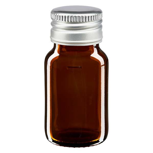 30 ml Euro-medicijnfles bruin met zilveren aluminium sluiting 30 ml Euro-medicijnfles bruin met zilveren aluminium sluiting