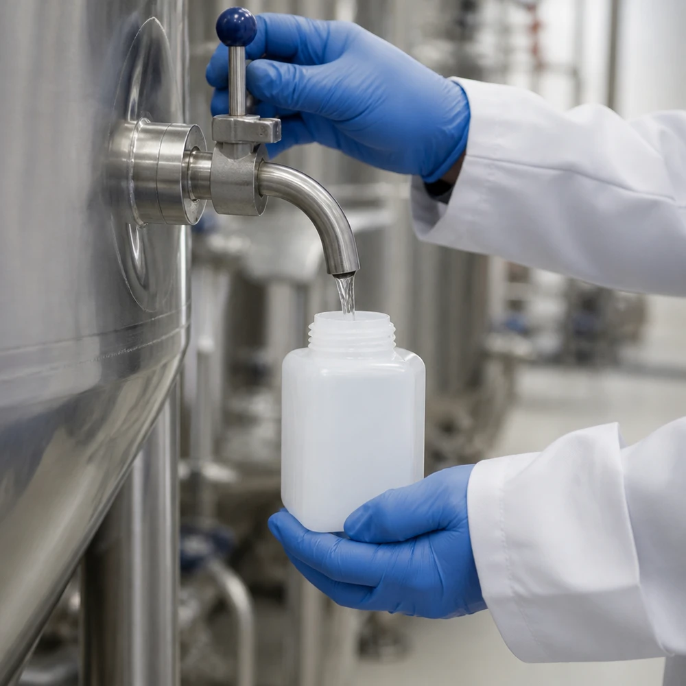 PE-HD-fles van 1000 ml met smalle hals voor het nemen van industriële monsters in een farmaceutische cleanroom