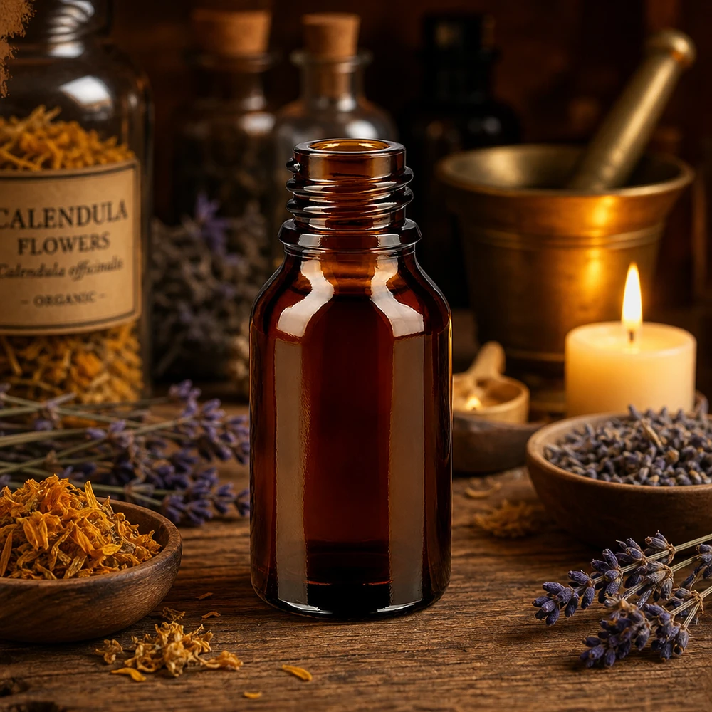30ml bruine apothekersfles hoge vorm ApoGlas met calendula bloemen vijzel kaars aromatherapie opzet