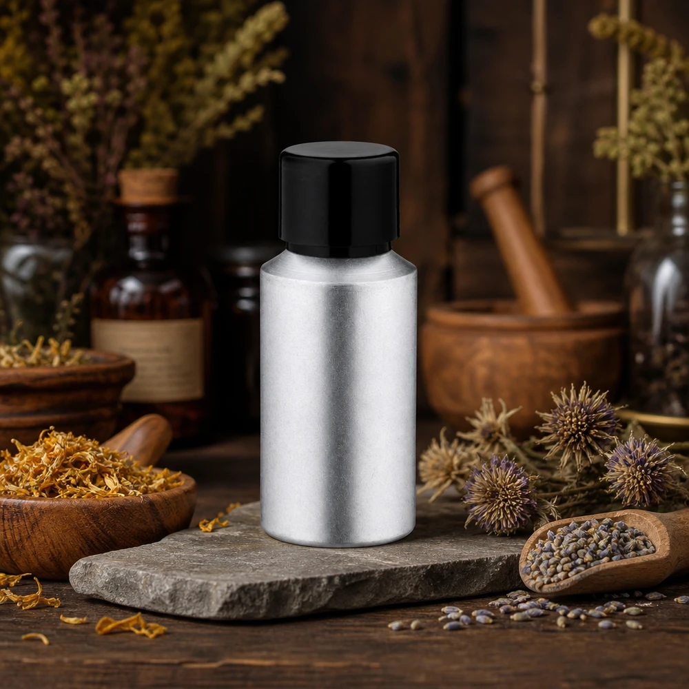 30 ml aluminium fles gebeitst incl. schroefdop zwart met conusafdichting Lichte aluminium fles van 30 ml gekleurd met UV-bescherming met zwarte dop voor lichtgevoelige stoffen