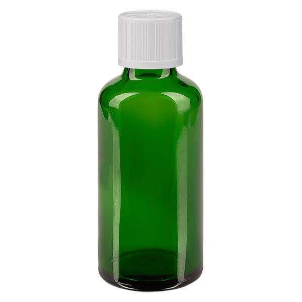 Groenen glazen flessen 50ml met wit schroefsluiting kinderslot St Groenen glazen flessen 50ml met wit schroefsluiting kinderslot St
