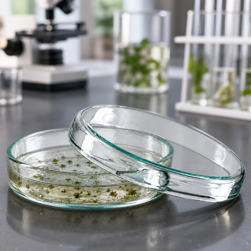 Glazen petrischaal van 70 x 15 mm met microscoop en reageerbuisjes in een wetenschappelijk laboratorium