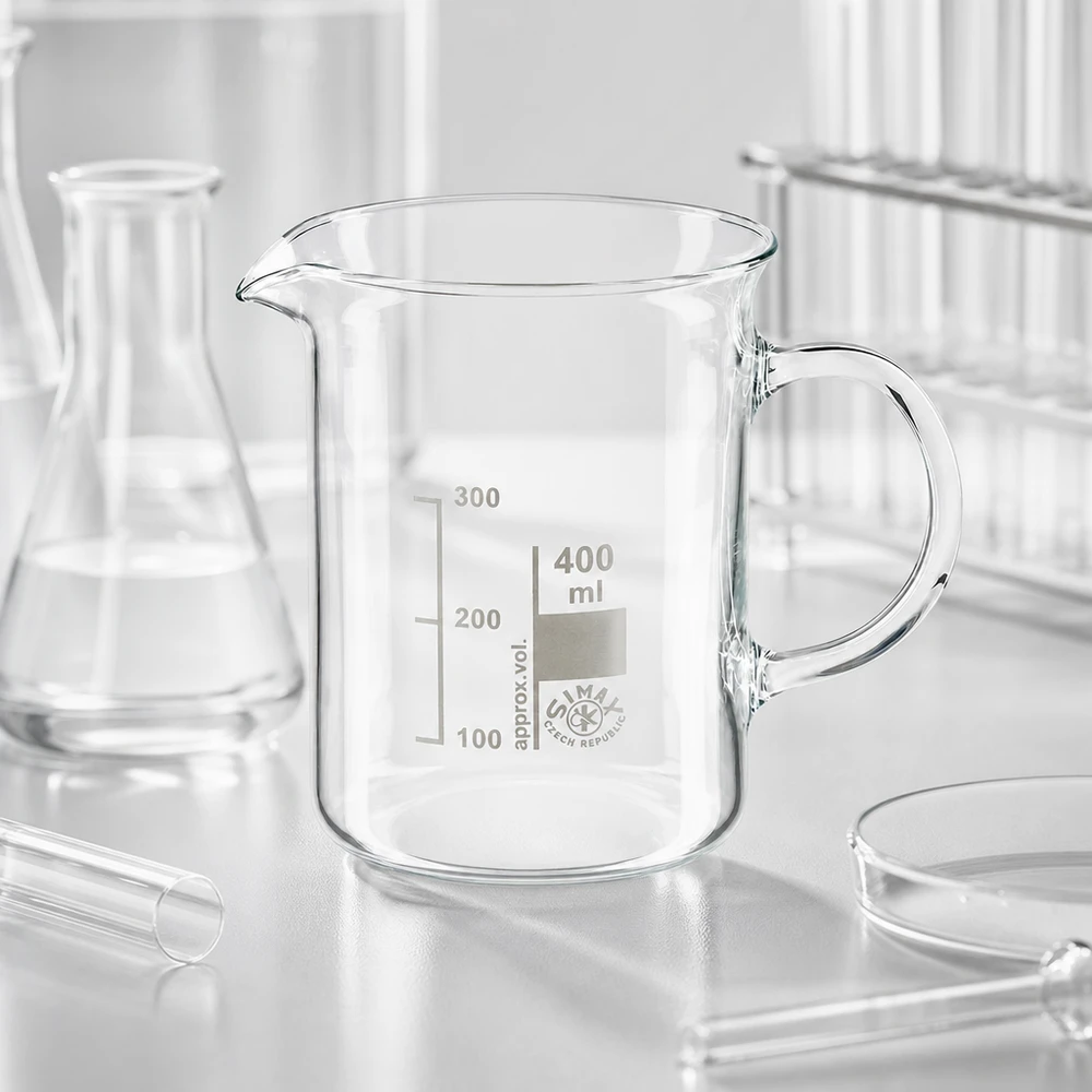Doorzichtig maatglas van 400 ml met handvat, borosilicaatglas, Simalab, Tsjechië