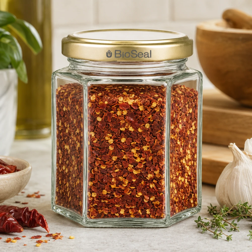 250g honingpot zeshoekig gevuld met chilli kruidenmix gouden BioSeal deksel keuken sfeer met knoflook tijm