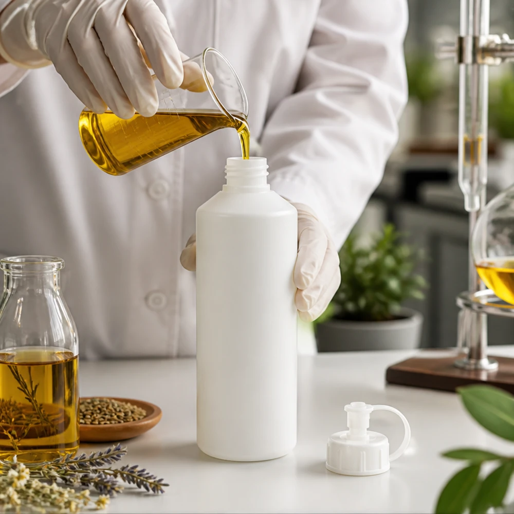 Witte apotheekfles van 100 ml met afneembare spuitdop bij het afvullen in het laboratorium
