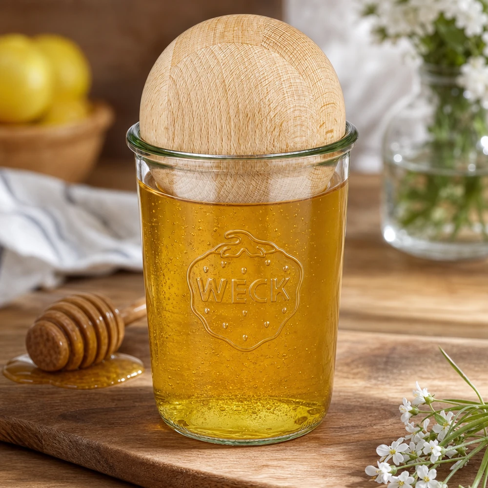 WECK RR100 bekers 850ml gevuld met honing en beukenhouten bol, decoratief keukendisplay met honinglepel