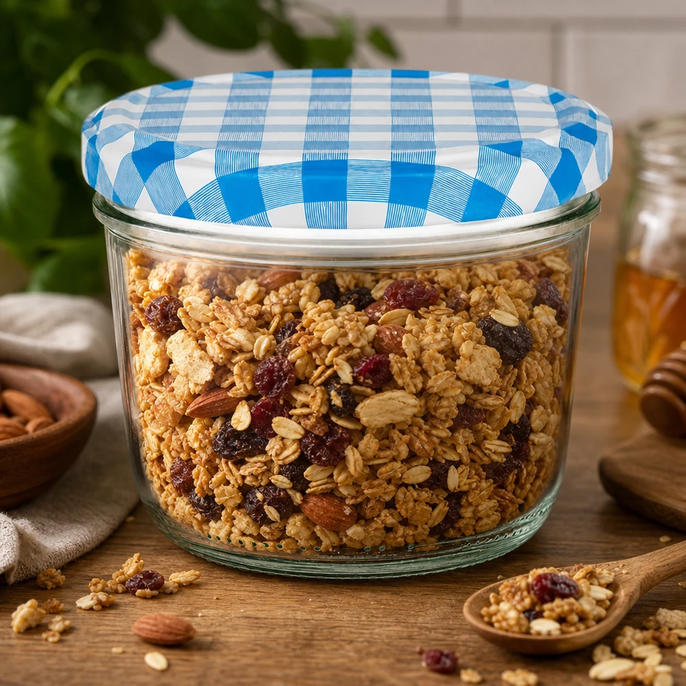 230ml bekers met BasicSeal deksel blauw en wit geblokt gevuld met muesli en noten als voorraadpotje