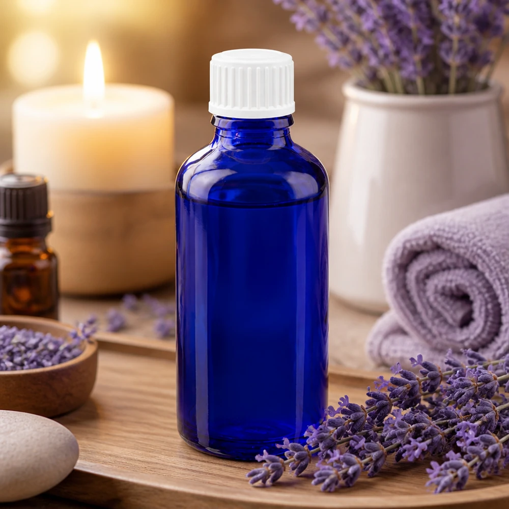Apothekersflesje blauw 50ml schroefdop wit standaard Blauw glazen flesje van 50 ml met kindveilige dop voor natuurlijke cosmetica en oliën