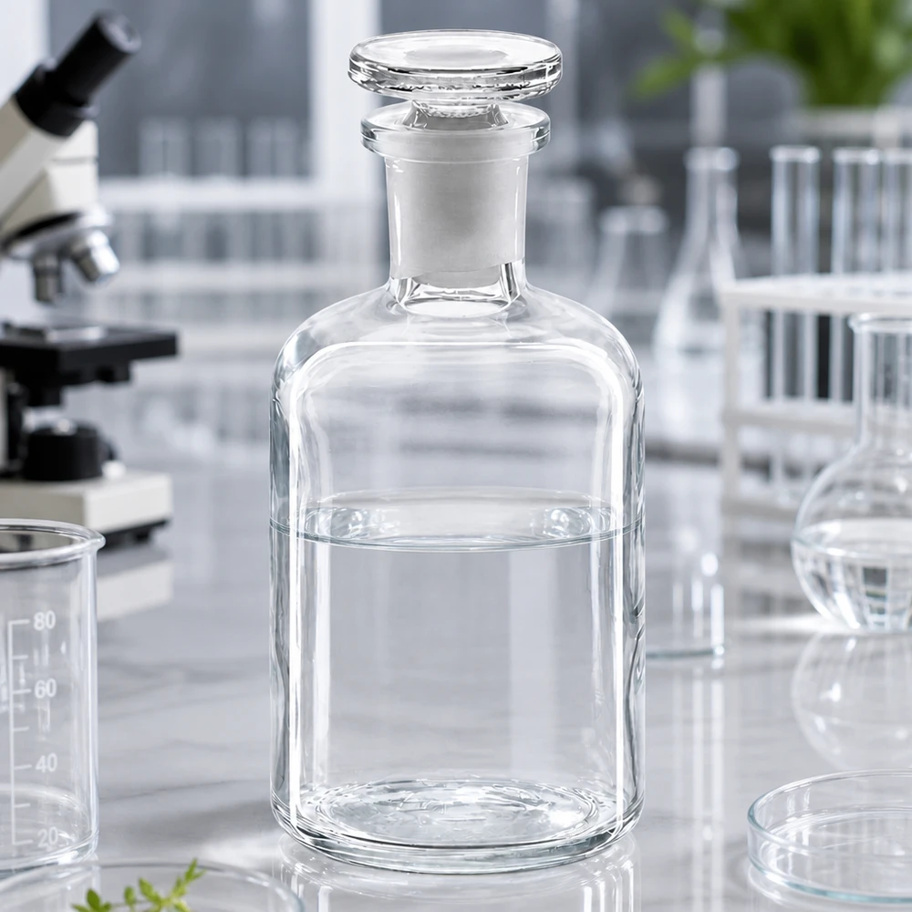 Glazen fles met ronde schouders, 100 ml, transparant, smalle hals, met stop, voor chemicaliën en oliën