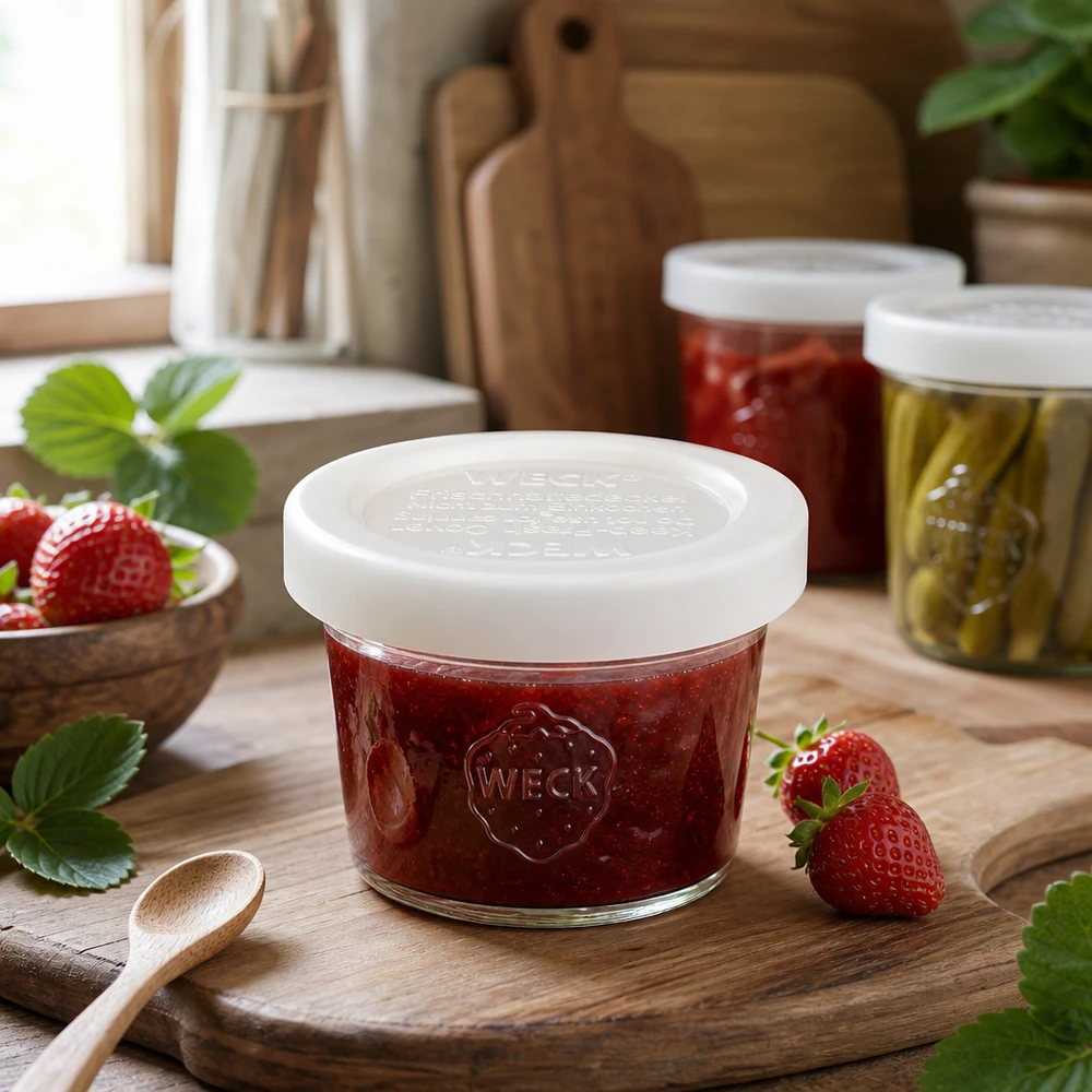 WECK 35ml RR40 potje gevuld met aardbeienjam op houten plank, toepassingsvoorbeeld voor kleine inmaakpotjes