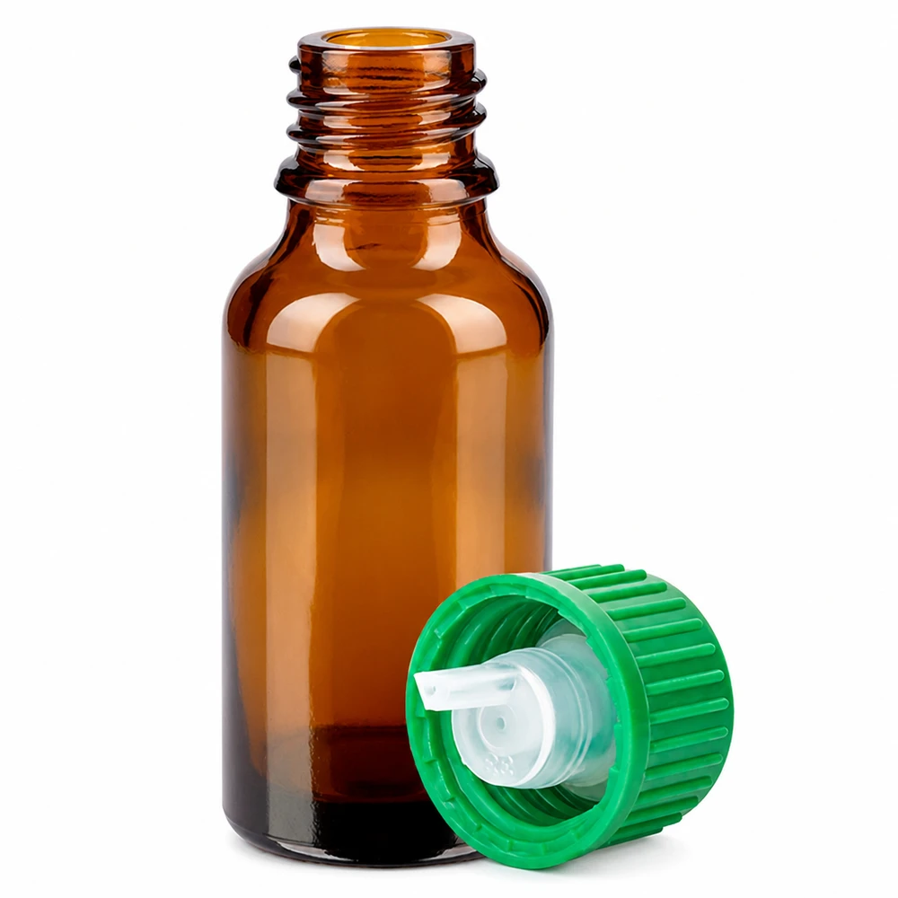 20ml Druppelflesje 0.8mm groen STD BrownLine UT18/20 Compact glazen flesje 20ml met fijne 0,8mm druppelopening en groene schroefdop