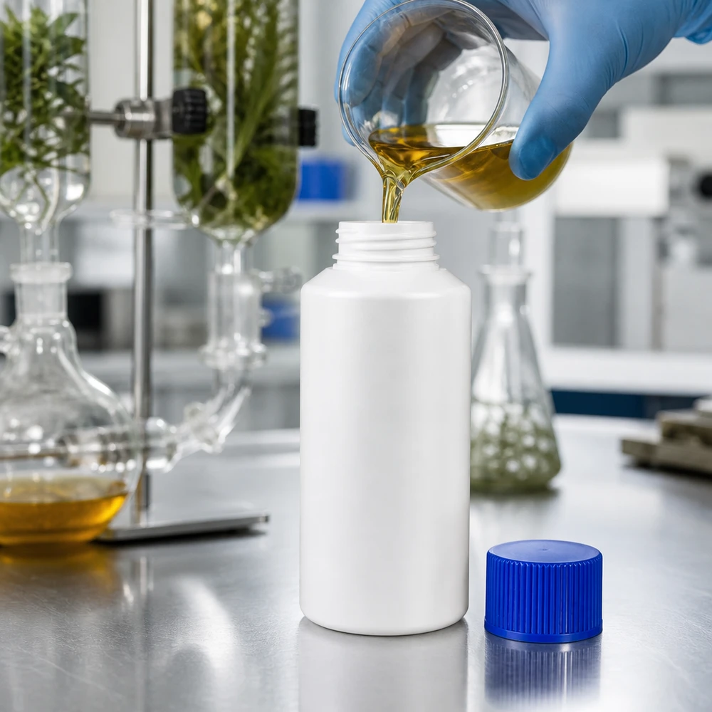 PET cilinderfles 30ml wit met schroefsluiting blauw Witte kunststof verpakking van 30 ml met blauwe schroefdop voor het professioneel afvullen van olie