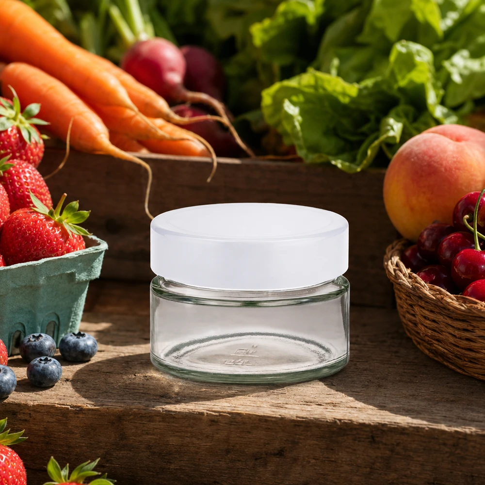130ml rond glas met BasicSeal deksel wit UNiTWIST 130ml rond glas UNiTWIST BasicSeal wit in een natuurlijke keukenomgeving met vers fruit en groenten