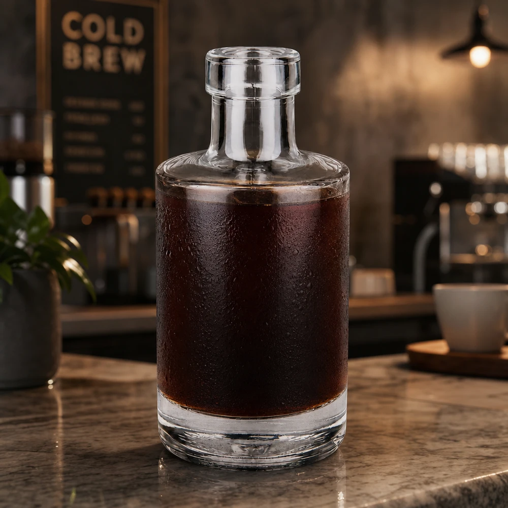 200ml glazen fles Marie gevuld met cold brew koffie in een moderne café sfeer Toepassing voorbeeld koffiewinkel