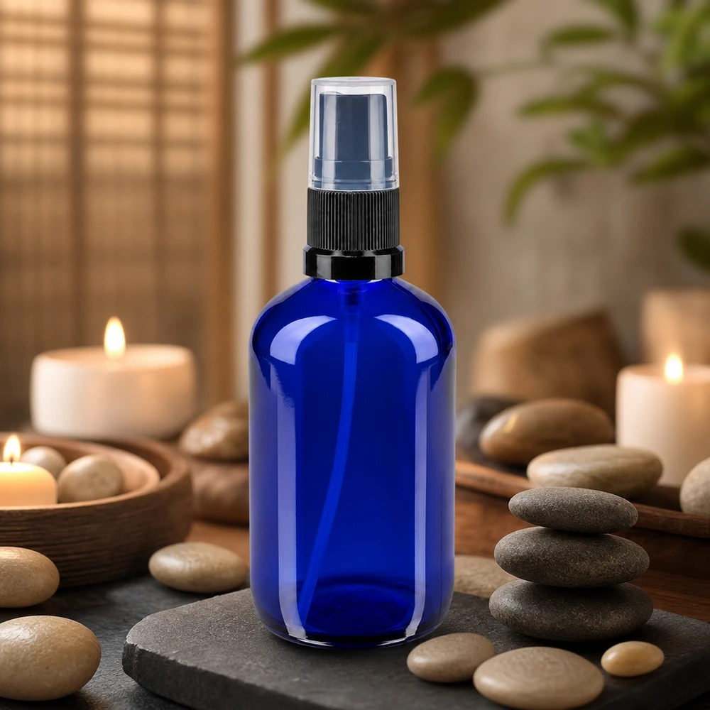 Blauwe glazen flessen 100ml met zwart pompverstuiver Blauwe glazen spuitfles van 100 ml met zwarte fijne verstuiver, afgebeeld tegen een achtergrond van warm kaarslicht en bamboedecoratie