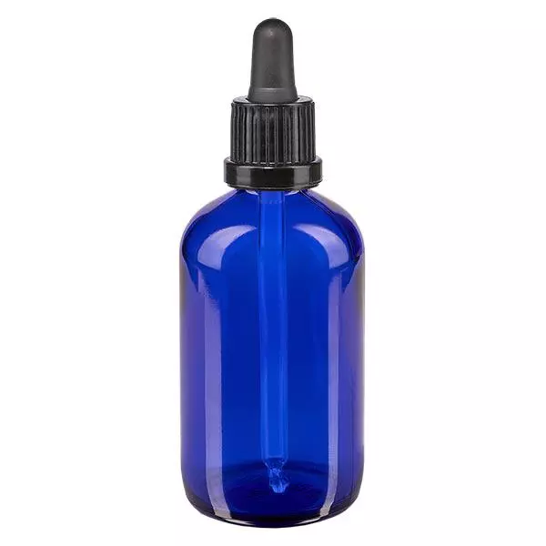 Pipetfles blauw 100ml, pipet zwart/zwart VR Pipetfles blauw 100ml, pipet zwart/zwart VR