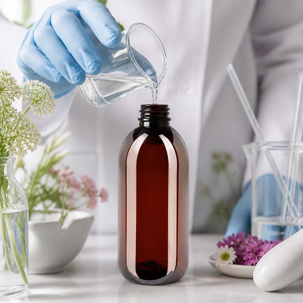 PET-fles 250 ml met zwarte spuitdop OV Pharmazeutische Abfüllung flüssiger Inhalt in braune 250ml Kunststoffflasche Labor
